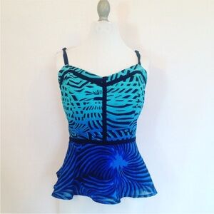NICOLE BY NICOLE MILLER Blue Patterned Peplum Spaghetti Strap Women's Top size 6